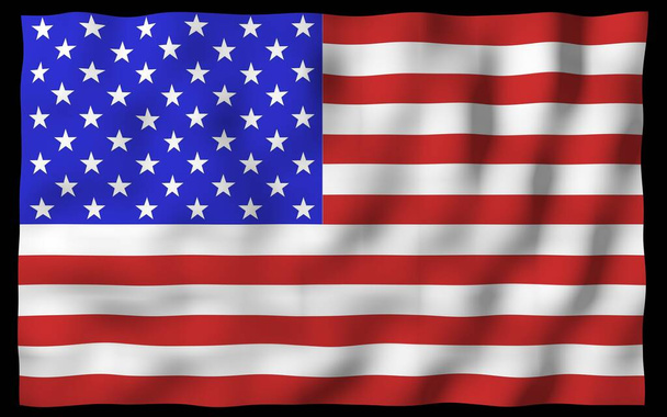 Flagge der Vereinigten Staaten von Amerika auf dunklem Hintergrund schwenkend. Stars and Stripes. Staatssymbol der USA. 3D-Illustration - Foto, Bild