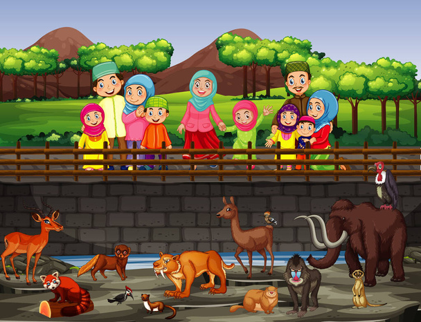 Scene with people and animals at the zoo - Vector, Image