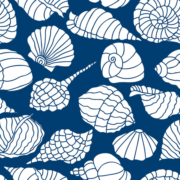 Seamless pattern of various seashells silhouettes - Vetor, Imagem