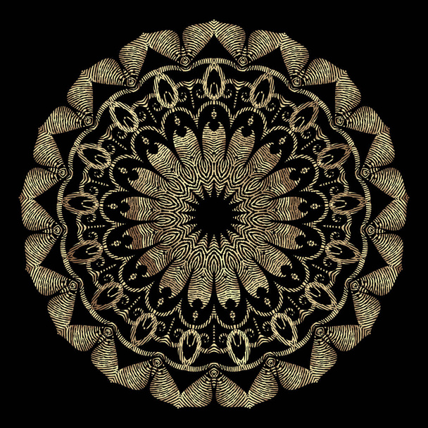 Kuvioitu kulta 3d pyöreä Mandala kuvio. Grunge kukka vektori koriste. Grungy vintage kultaiset kukat, lehdet, ympyrät, kehykset, siksak linjat, muodot. Kirjontatyylinen rakenne. Ylellinen koristeellinen tausta
. - Vektori, kuva