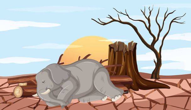 象と干ばつと森林破壊のシーン - ベクター画像