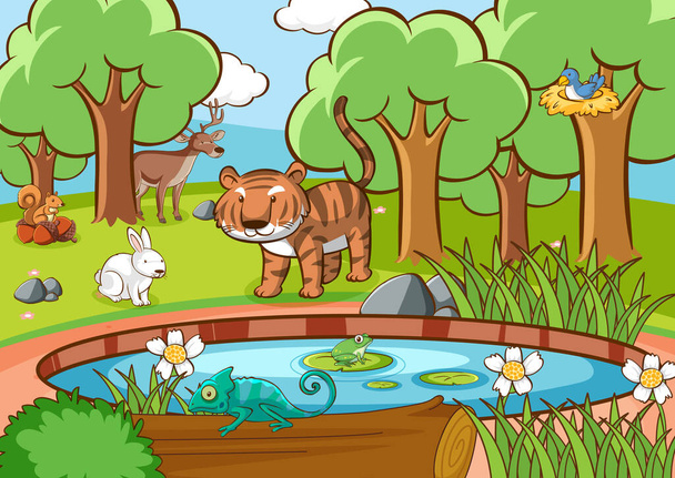 Scene with many animals in forest - Vector, Image