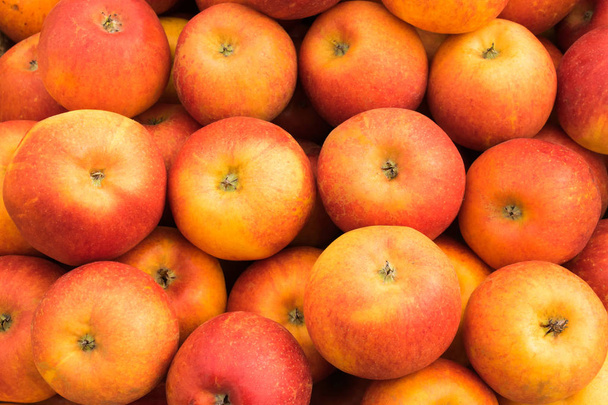 Manzanas rojas maduras en un escaparate de un mercado, tienda, supermercado
 - Foto, Imagen