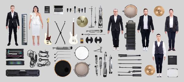 Music band with all equipment. Top view. Isolated on grey background. - Photo, Image