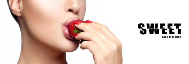 Serene beauty with red manicure relishing healthy berry - Photo, Image