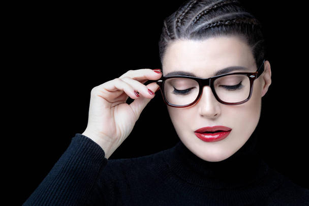 Beautiful woman with braided hair wearing glasses. vision correc - Photo, Image