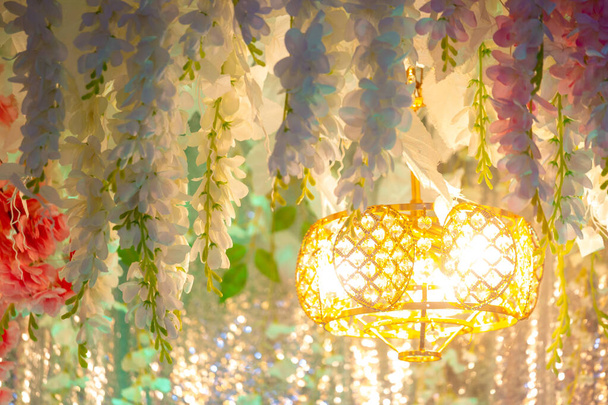 Hand made paper flower and decorative lighting, Wedding decoration stage in Bangladesh. - Photo, Image