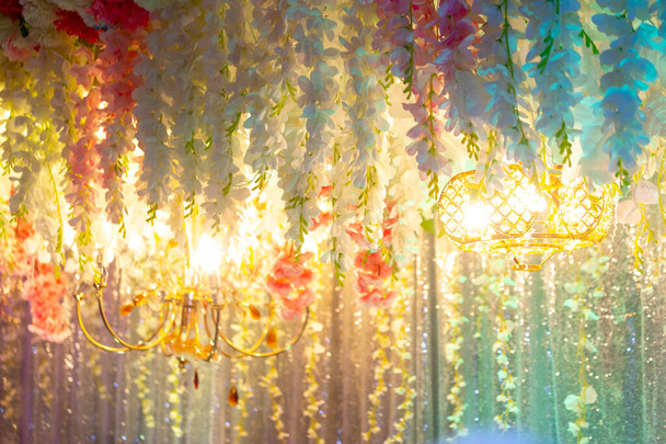 Hand made paper flower and decorative lighting, Wedding decoration stage in Bangladesh. - 写真・画像