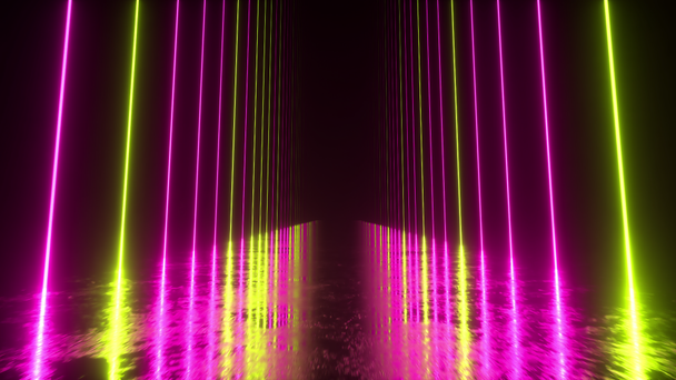 Végtelen folyosó neonvonalakkal. Fém fényvisszaverő kaparós padló. Zökkenőmentes hurok 3D render. Modern színes neon fényspektrum - Felvétel, videó