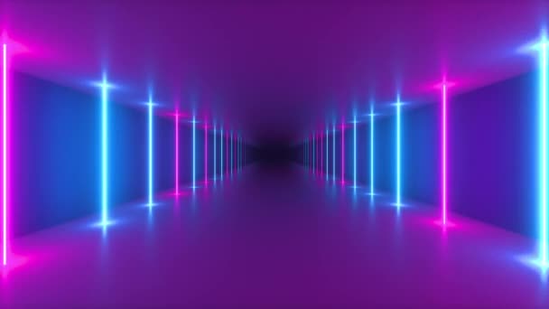 Representación 3D en bucle sin costura abstracta de un vuelo en un corredor futurista, tubos de luz luminosos, láseres y líneas. Espectro de luz colorido moderno
 - Metraje, vídeo