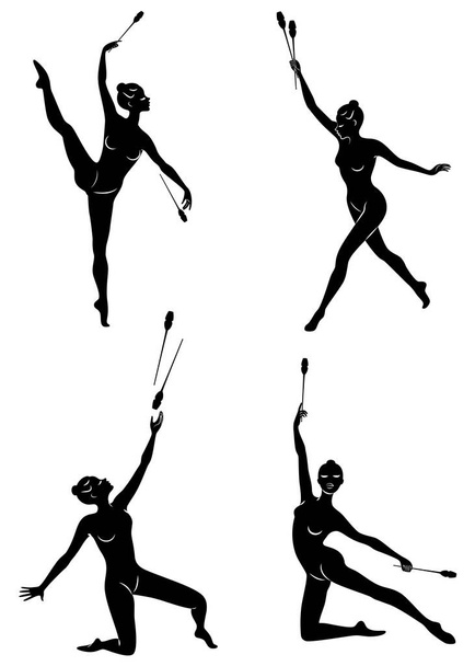 Collection. Rhythmic gymnastics. Silhouette of a girl with maces. Great gymnast. The woman is slim and young. Vector illustration of a set. - Vector, Image