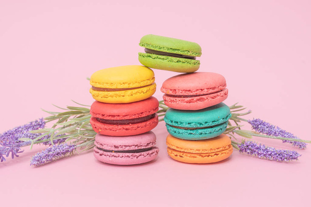 french macaron cakes composition with lavender flowers - Фото, изображение