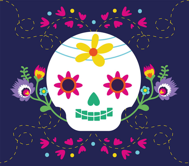 dia de los muertos card with skull and flowers - Vector, Image