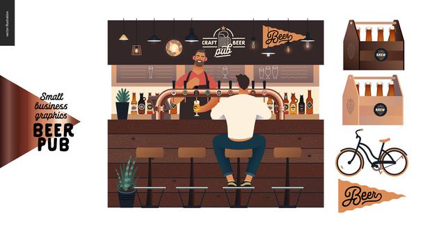 Browar, pub z piwem rzemieślniczym - drobna grafika biznesowa - mężczyzna odwiedzający bar - Wektor, obraz