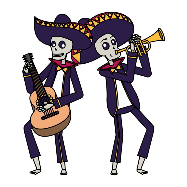 calaveras mexicanas mariachis tocando la guitarra y la trompeta
 - Vector, imagen