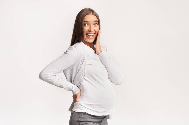 興奮妊婦がカメラでチン・スマイリングに触れます,スタジオショット - 写真・画像