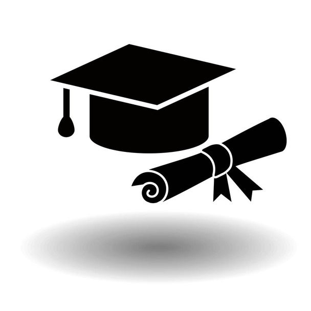 Afstuderen zwarte vector icoon. Platte solide illustratie van mortel cap of graduatie hoed met gerold diploma geïsoleerd op witte achtergrond. Ontwerp voor apps en websites - Vector, afbeelding