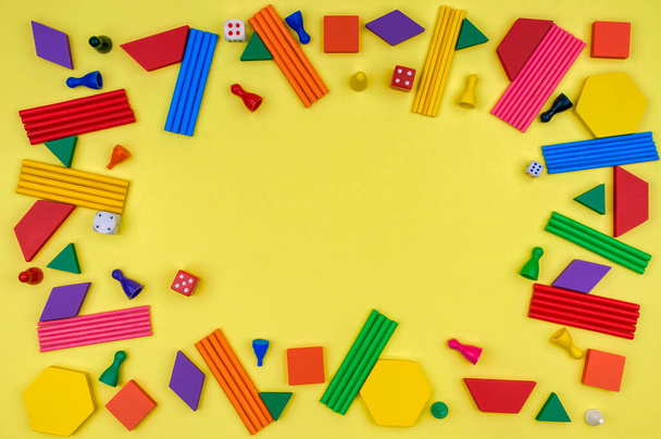 Geometric shapes, sticks for counting, chips and dice. - Photo, Image