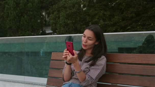 Young beautiful girl sitting on a bench in the park, smiling and writing a message on the internet chatting on her smartphone.Young beautiful girl in a sunny day sits on a bench in the park, actively rewritten in internet chat. - Πλάνα, βίντεο