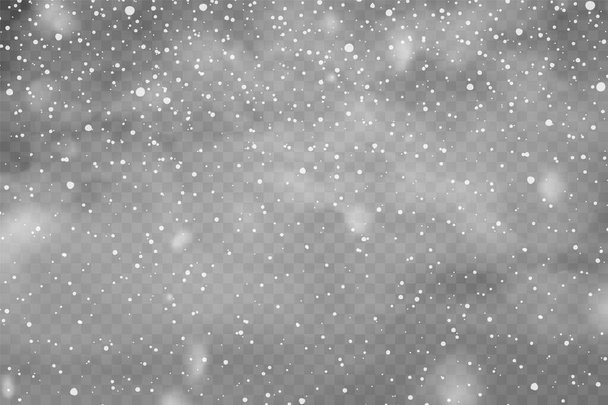 Realistic falling snow with snowflakes and clouds. Winter transparent background for Christmas or New Year card. Frost storm effect, snowfall, ice. Vector illustration. - Vector, Image