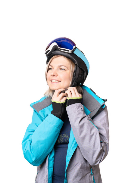 Photo of sporty woman wearing helmet on isolated background - Photo, Image