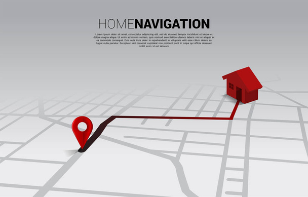Itinéraire entre les repères de localisation 3D et l'icône de la maison sur la carte routière de la ville. Concept pour système de navigation GPS infographie
. - Vecteur, image