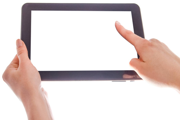 dans les mains humaines tablette ordinateur gadget à écran tactile avec isolé - Photo, image