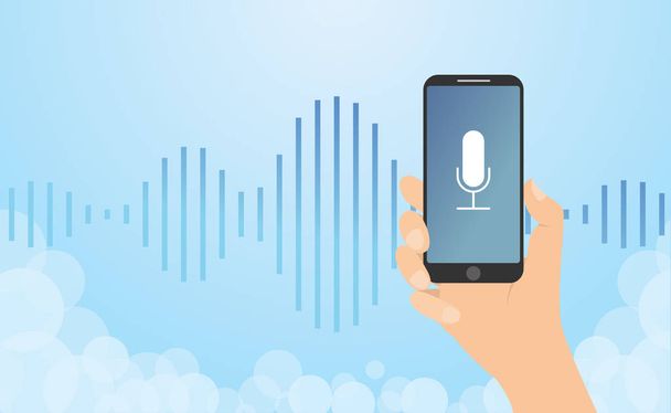 технологія розпізнавання голосу з ручним триманням смартфона та фону хвилі шуму з сучасним пласким стилем вектор
 - Вектор, зображення