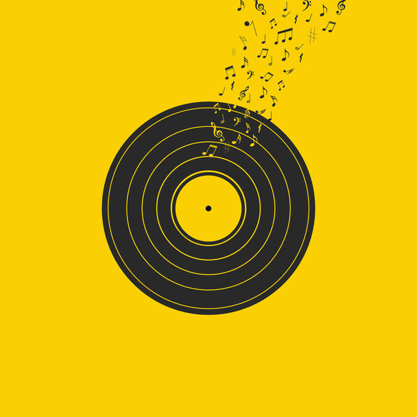Schallplatte mit Noten und Musiksymbolen auf gelbem Hintergrund - Vektor, Bild