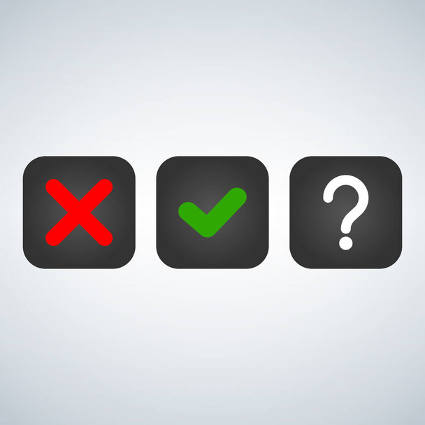 Question, red X and green tick check marks, approval signs design. Red X and green OK symbol icons in square check boxes. Check list marks, choice options, test, quiz or survey signs. vector illustration - Vector, Image