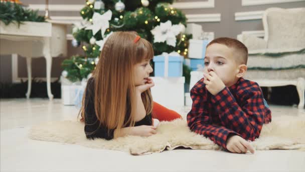 Cute little kids spend pleasant time together, communicating on the carpet near Christmas tree. - Materiaali, video