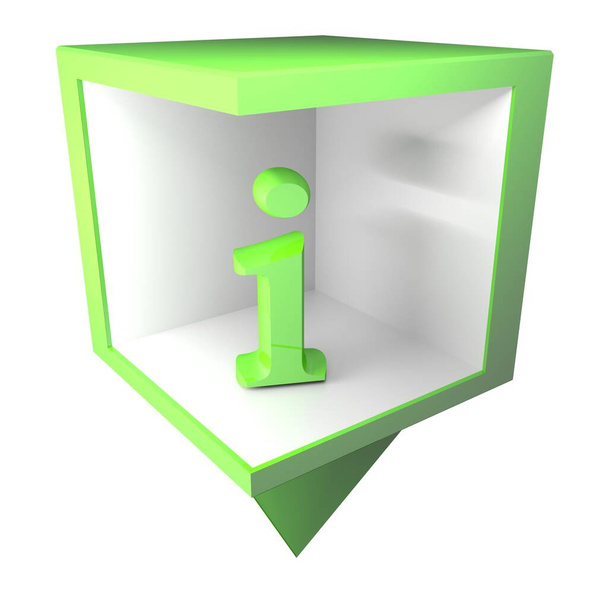 Egy ikon egy infopont egy zöld-fehér doboz és egy i betű belül, elszigetelt fehér háttér - 3D-s renderelés illusztráció - Fotó, kép