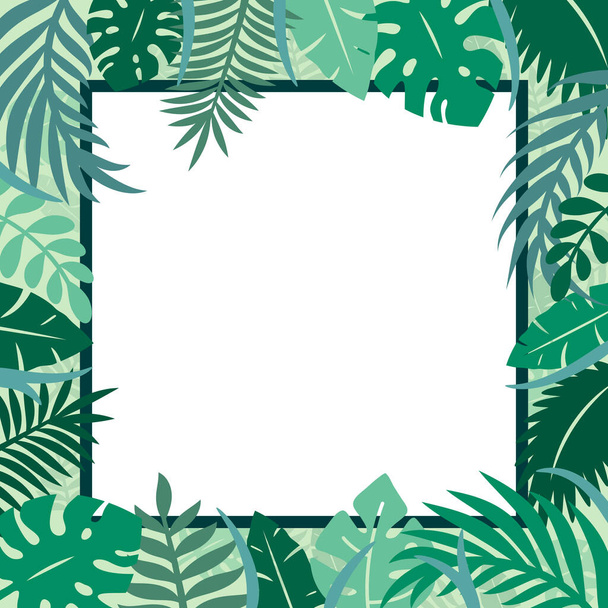 Πρότυπο της κάρτας πρόσκληση με τροπικά φύλλα φυτά, πράσινα κλαδιά ζούγκλα. Τετράγωνο πλαίσιο με εξωτικό φοίνικα φύλλωμα, πράσινο όριο βοτάνων. Θέση για κείμενο. Απομονωμένη οικολογική απεικόνιση διανύσματος σε φόντο. - Διάνυσμα, εικόνα