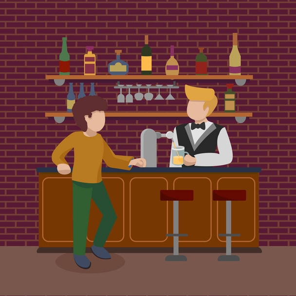 Young man standing at bar counter. Boy orders a glass of foamy light beer. Pub bartender serving client. Barman pours alcohol. Bar beer tap pump, stools, bottles of wines. Flat vector illustration - Vector, Image