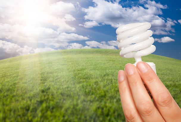 ženská ruka drží energeticky úsporné žárovky - Fotografie, Obrázek