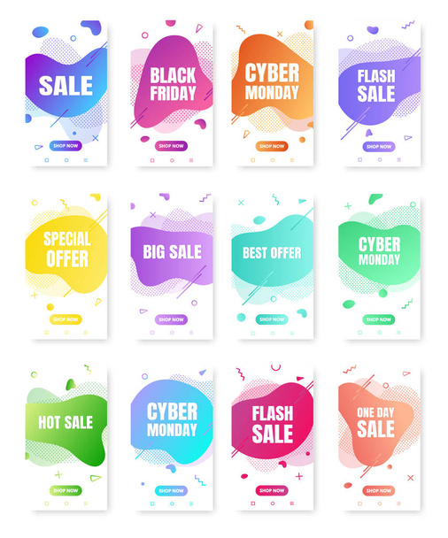 12 modern vertical mobile liquid abstract shape gradient memphis style design fluid vector colorful illustration set banners for app, presentation, sale, brochure isolated on white background. - ベクター画像