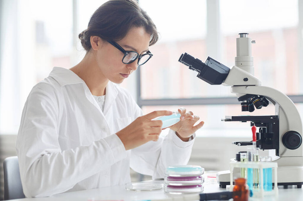 Side view portrait of beautiful young woman working in laboratory holding petri dish for microscope research - Foto, Bild