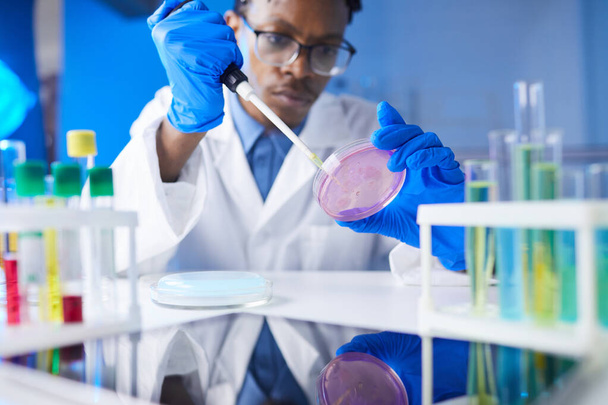 Joven afroamericano sujetando la placa de Petri a la cámara mientras trabaja en investigación médica en laboratorio, espacio de copia
 - Foto, Imagen