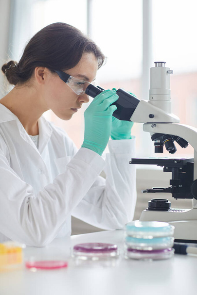 Ritratto laterale di bella giovane donna che guarda al microscopio mentre lavora in laboratorio medico
 - Foto, immagini