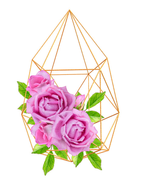 Flower composition. Bouquet of beautiful realistic pink roses isolated on a white background, gold frame geometric shape - Photo, image
