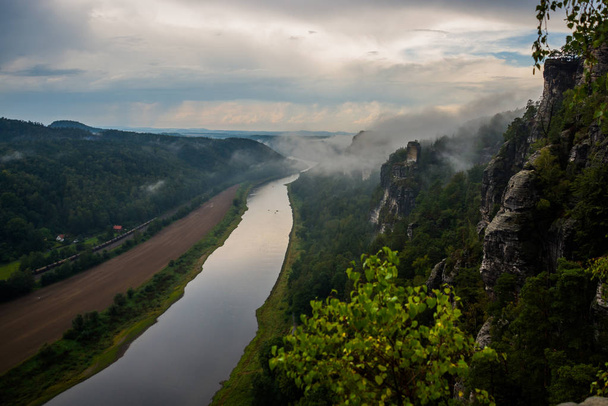 Beautiful top view of the river Elbe from Bastei in Saxon Switzerland, Germany - Photo, Image