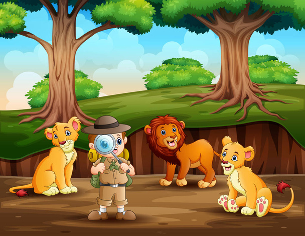 Путешественник со львами в лесу
 - Вектор,изображение