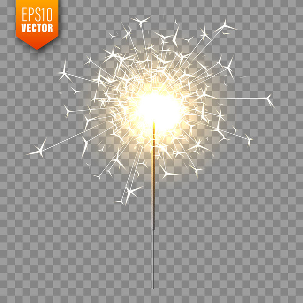 Realistic Christmas sparkler on transparent background. Bengal fire effect. Festive bright fireworks with sparks. New Year decoration. Burning sparkling candle. Vector illustration. - Vector, Image