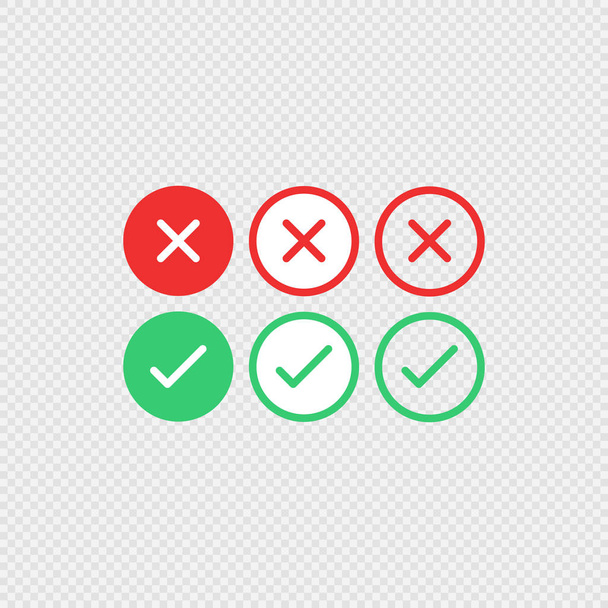 Zestaw płaskich przycisków: zielone znaki kontrolne i czerwone krzyże. Ilustracja wektora w konstrukcji płaskiej - Wektor, obraz