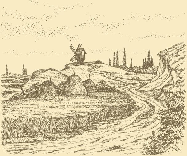 Векторный пейзаж. Ветряная мельница на холме над полями пшеницы
 - Вектор,изображение