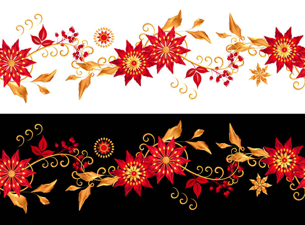 stylized golden leaves and flowers, shiny berries, delicate curls, geometric shape, paisley elements, seamless pattern, border, 3d rendering - 写真・画像