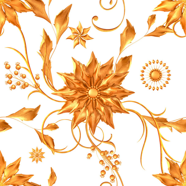 stylized golden leaves and flowers, shiny berries, delicate curls, geometric shape, paisley elements, seamless pattern, border, 3d rendering - Photo, Image
