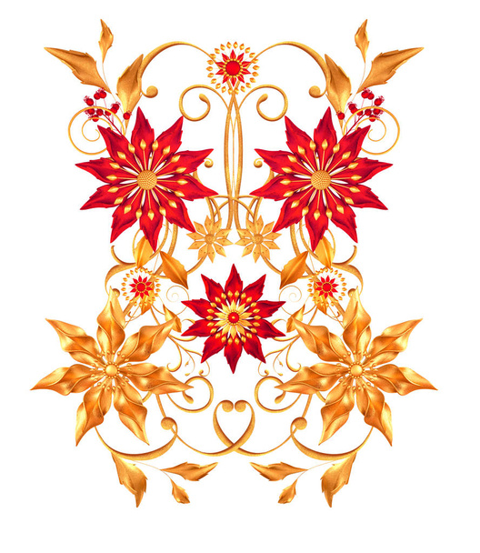 Floral arrangement, stylized golden leaves and flowers, shiny berries, delicate curls, geometric shape, paisley elements, isolated on a white background. 3d rendering - Φωτογραφία, εικόνα