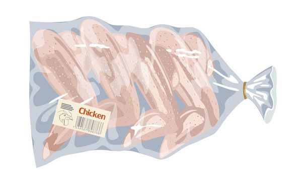 Frozen fresh wings in plastic disposable packing with food label. - Vector, Image