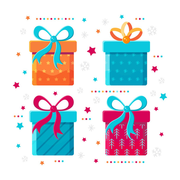 Set of different gift boxes in flat vector. Gift icon isolated on white background. Festive decoration of new year, Christmas, birthday, wedding. Children's holiday. Present box with bow. - ベクター画像